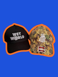 two hats with the words wet world on them